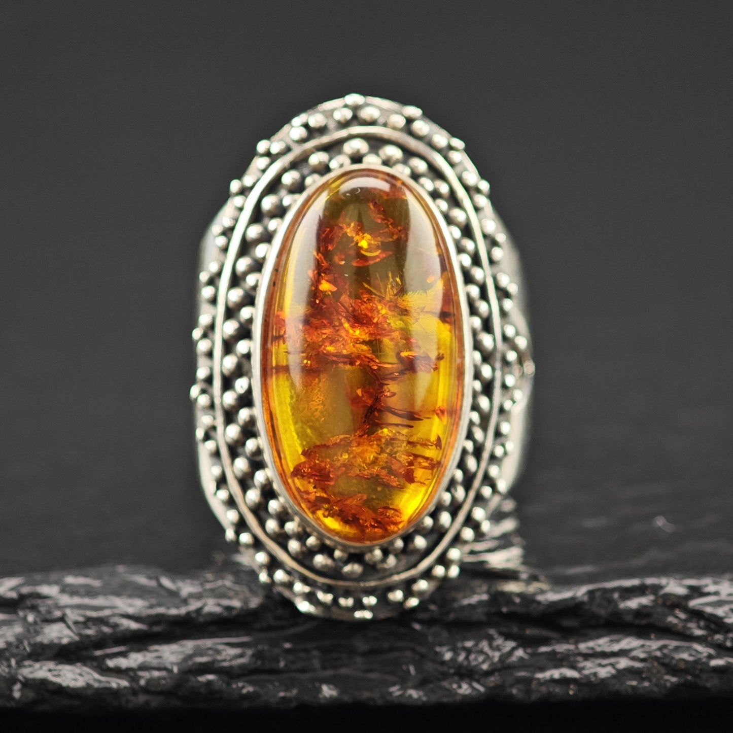 Oval Amber Ring Sterling Silver Statement Jewelry Size 6 R6091