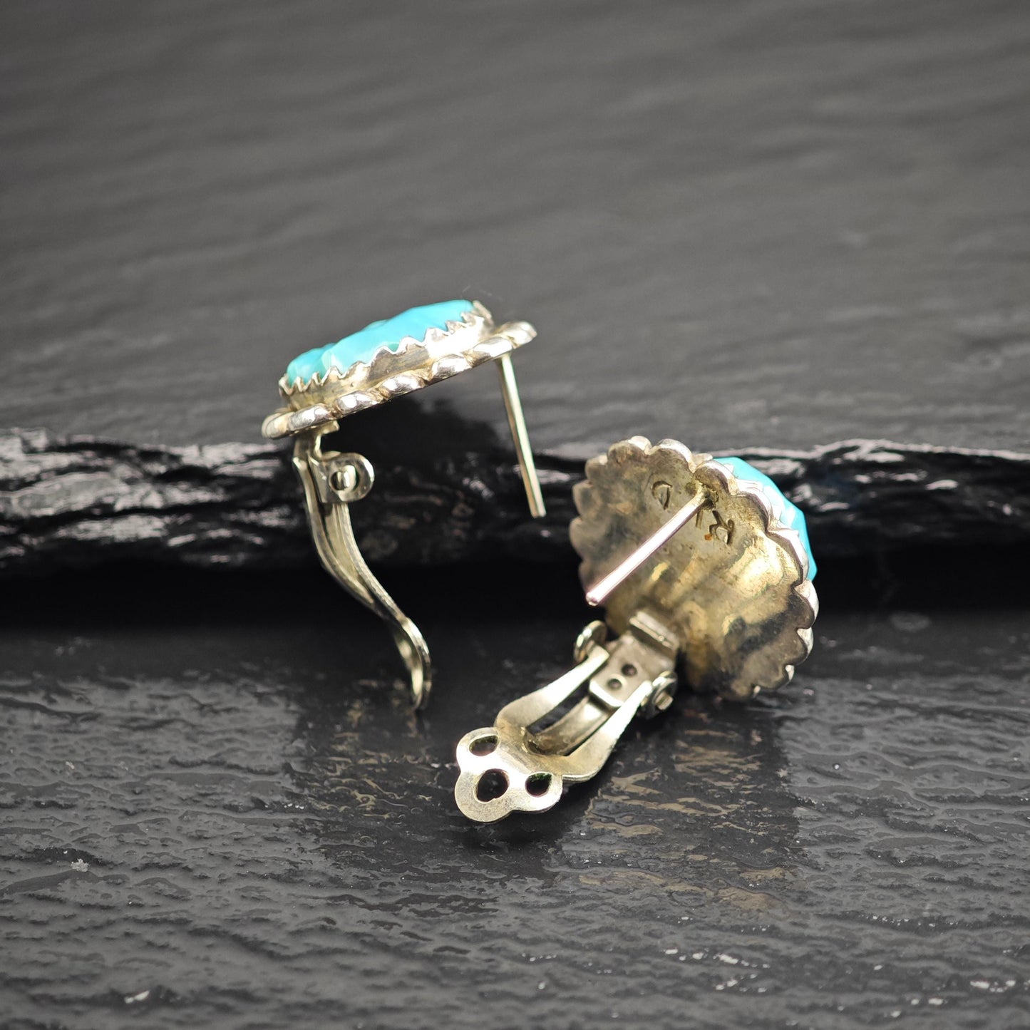 Vintage Zuni, Native American Carved Turquoise Stud/Clip On Sterling Silver Earrings ER3169