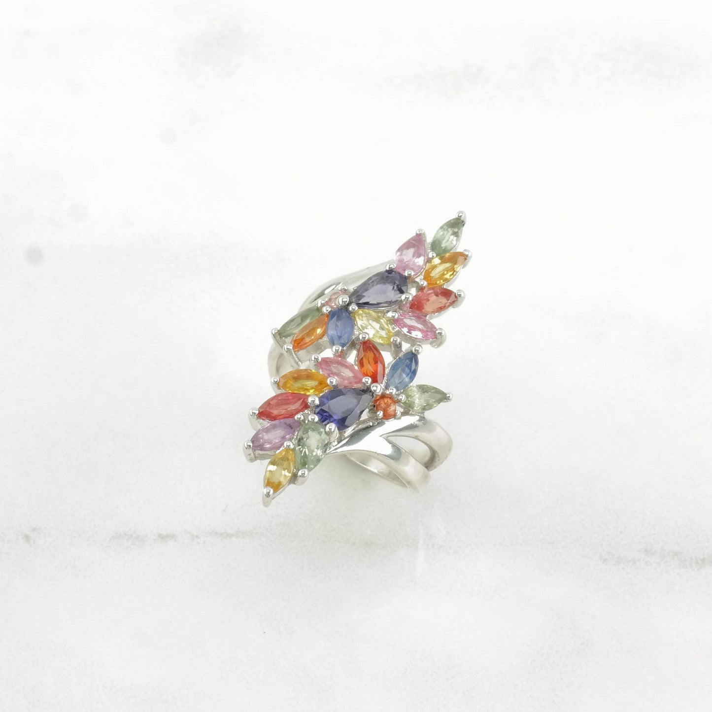 Sterling Silver Ring Rainbow Sapphire, Tanzanite Cocktail Multi Color Size 7