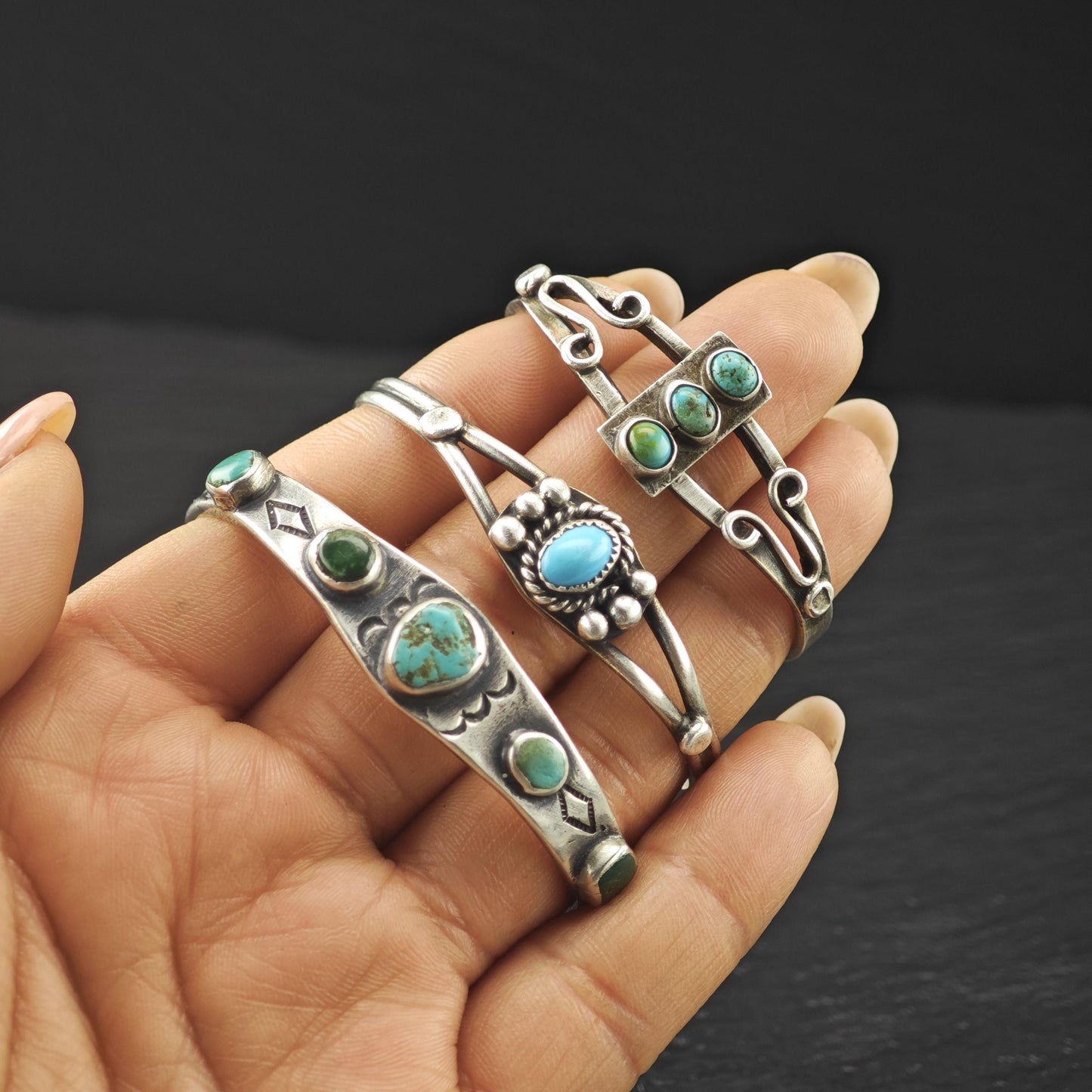 Early 1930's Ingot Silver Child Cuff Bracelet Native American Green Turquoise