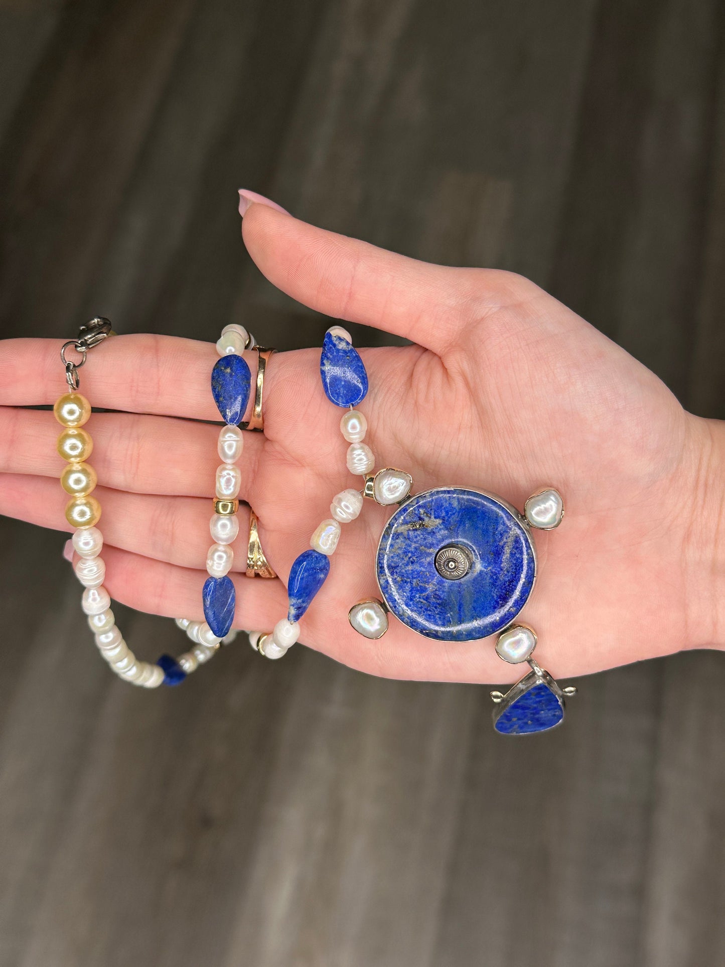Sterling Silver White Blue FW Pearl Lapis Lazuli Gold Color Beads Necklace N1541