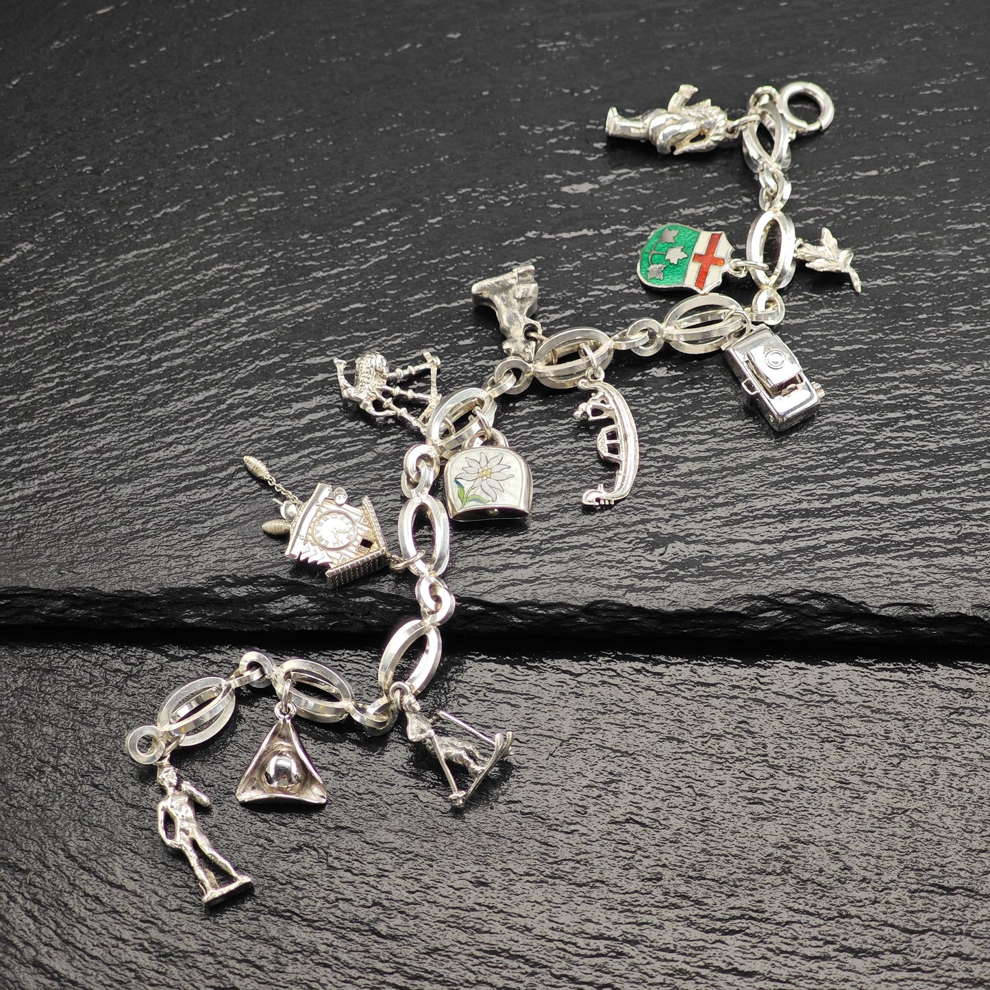 1950's 10 Charm Bracelet 1 Pewter, Enamel, Skier Sterling Silver