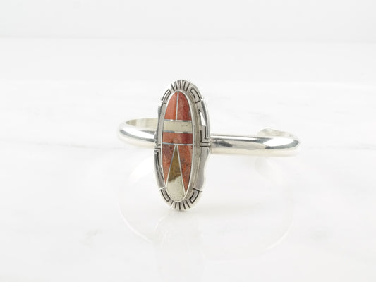 Native American Inlay Sterling Silver Cuff Bracelet Red Gemstone Inlay