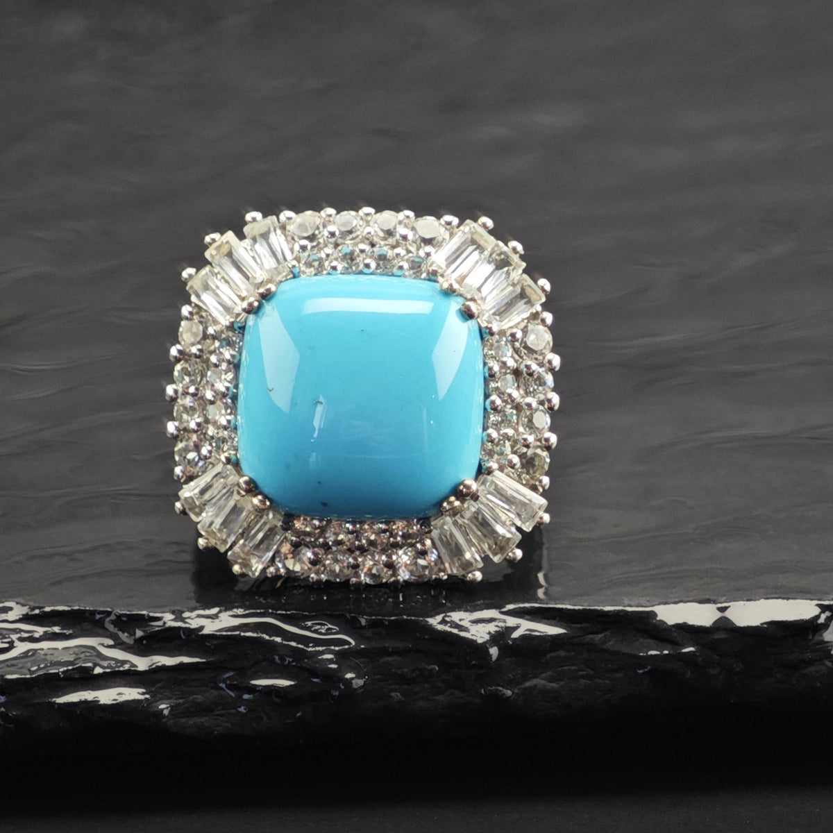 Square Turquoise Topaz Princess Diana Sterling Silver Ring Sz 7 R6735