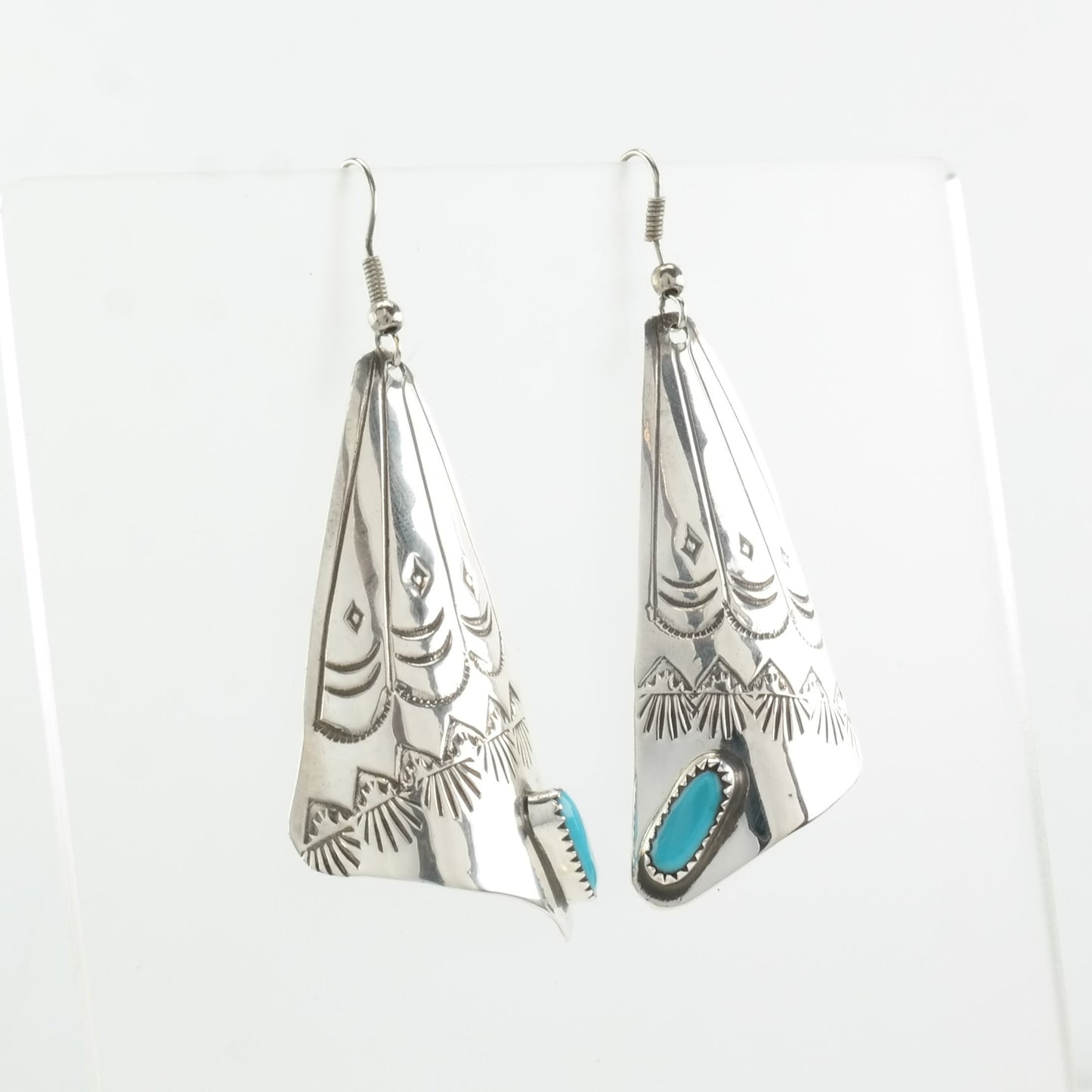 Native American Sterling Silver Blue Turquoise Stampwork Earrings Fish Hook, Dangle