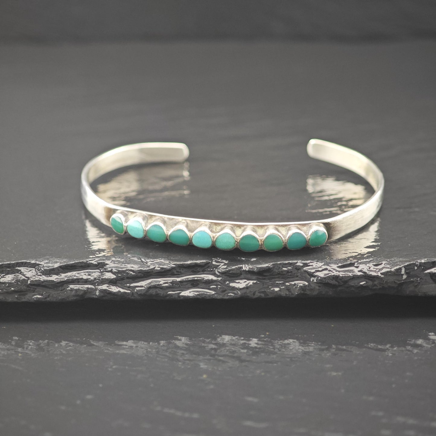 Native American Green Turquoise Inlay Cluster Cuff Bracelet Sterling Silver
