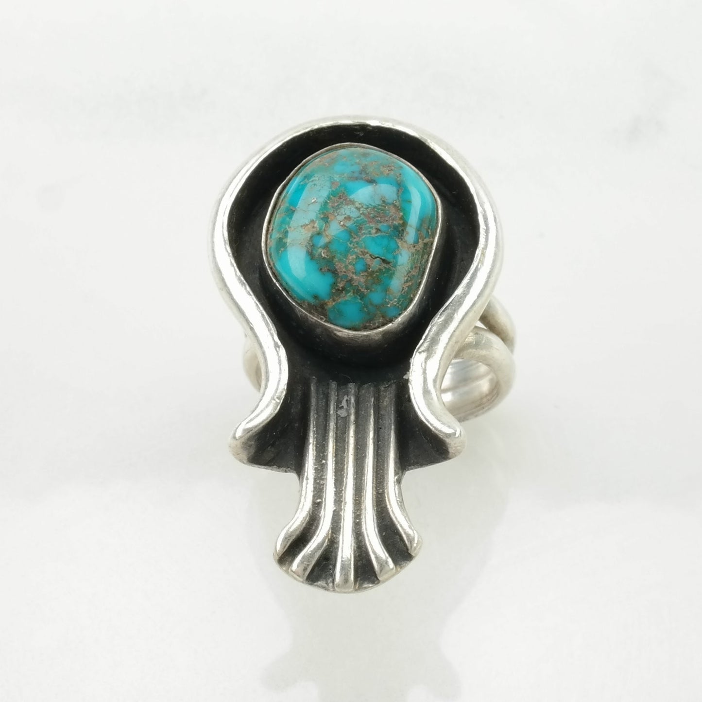 Native American Silver Ring High Grade, Spiderweb Blossom Sterling Blue Size 6