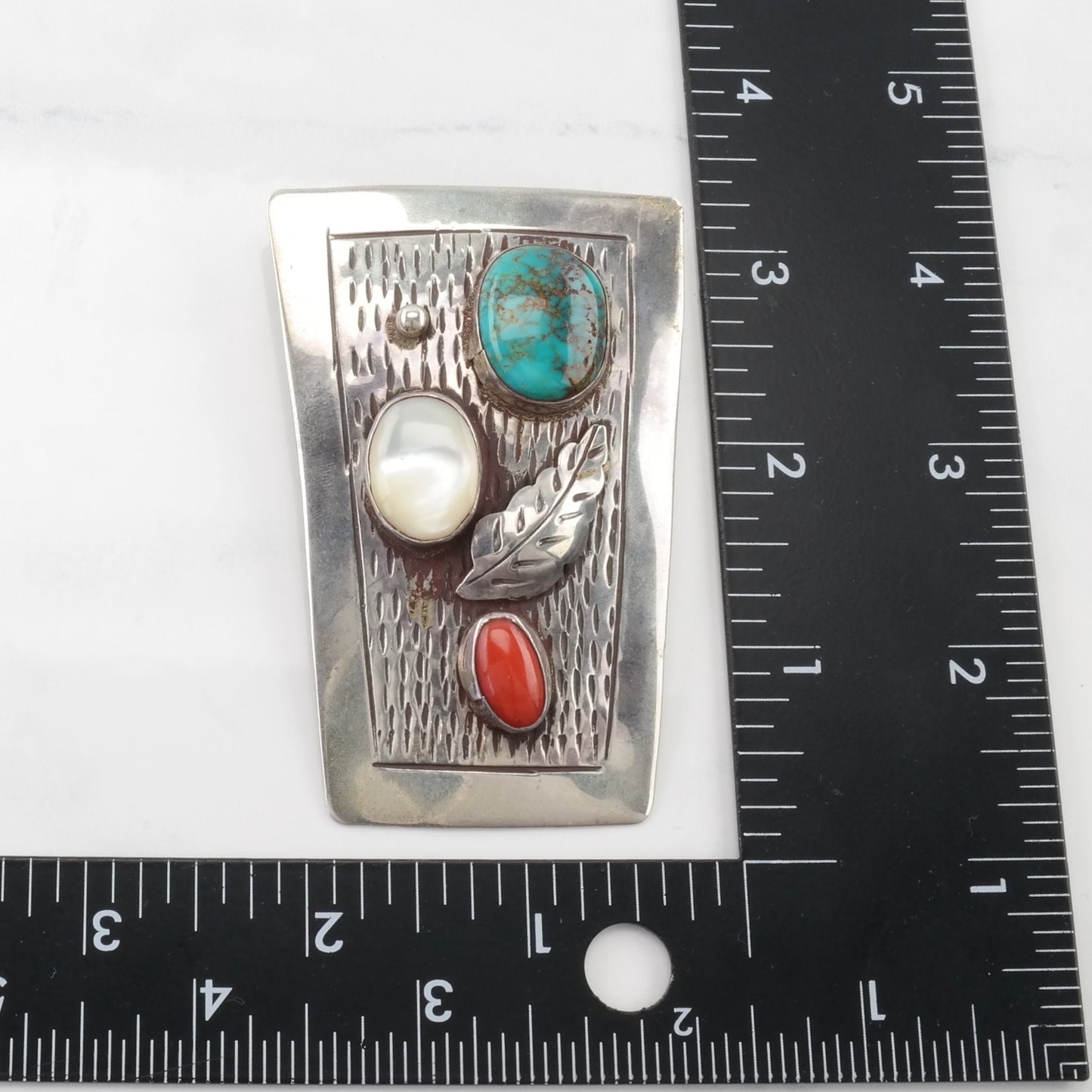 Native American Turquoise, Coral, MOP Large Sterling Silver Pendant