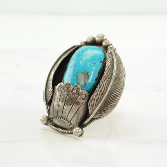 Native American Silver Ring Turquoise Feather, Stamped Sterling Size 7