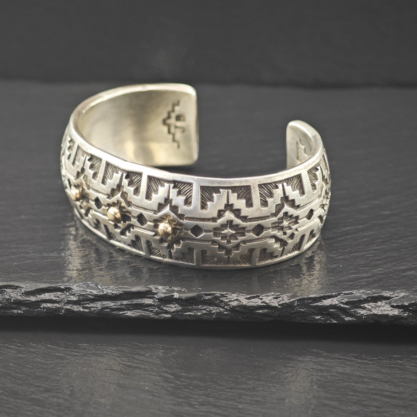 Silver Cuff Bracelet with 14k Gold Accents by Navajo, Native American Silversmith Sterling