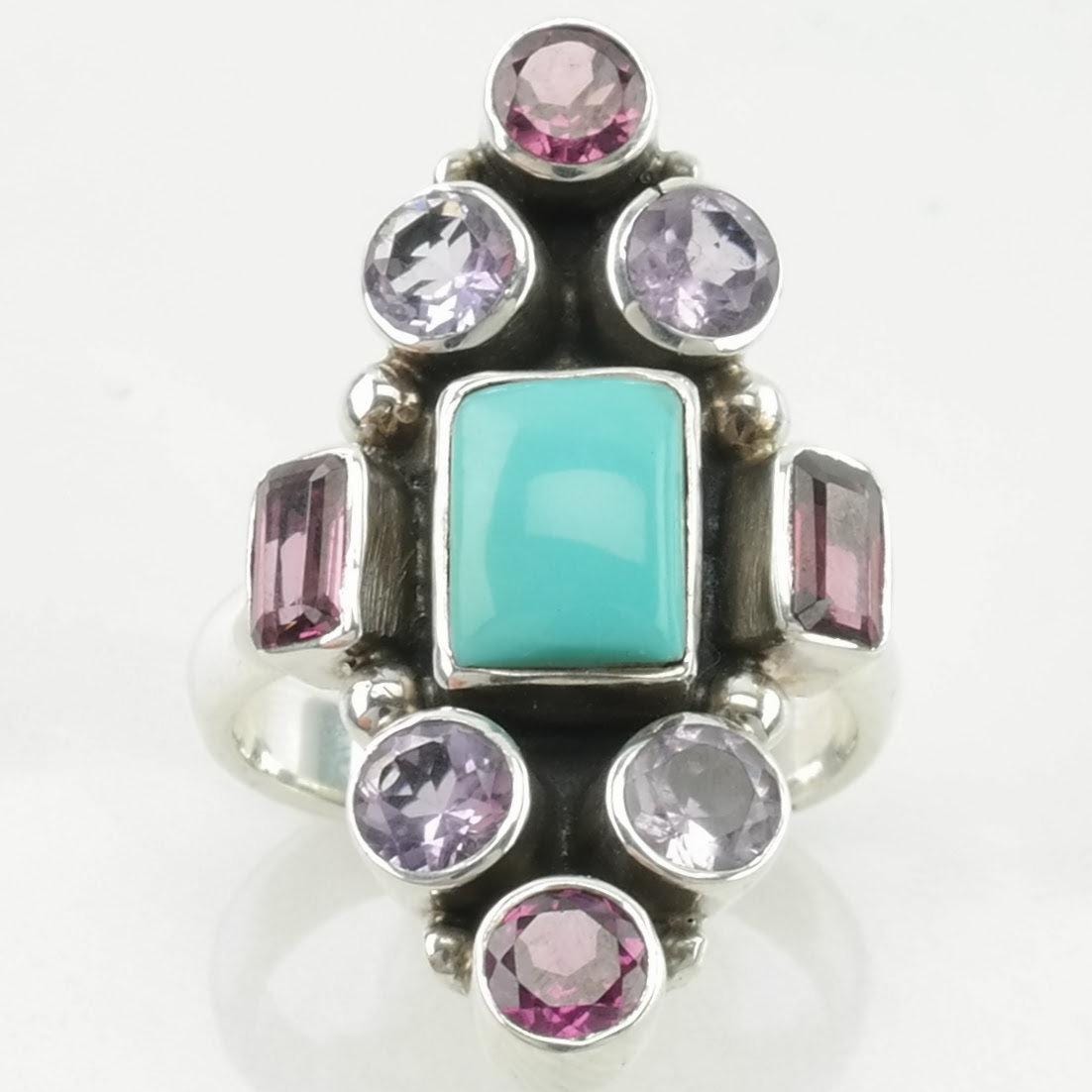 Vintage Nicky Butler Silver Ring Turquoise, Garnet, Amethyst Cluster Sterling Size 6