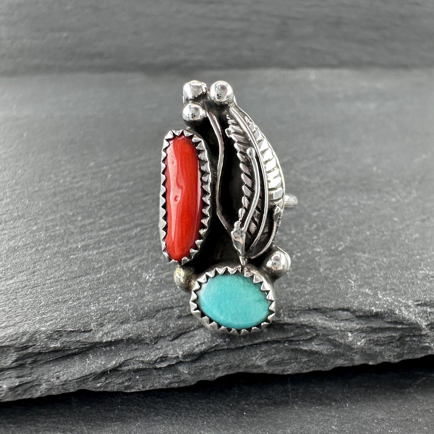 Native American, Coral, Turquoise Ring Sterling Silver