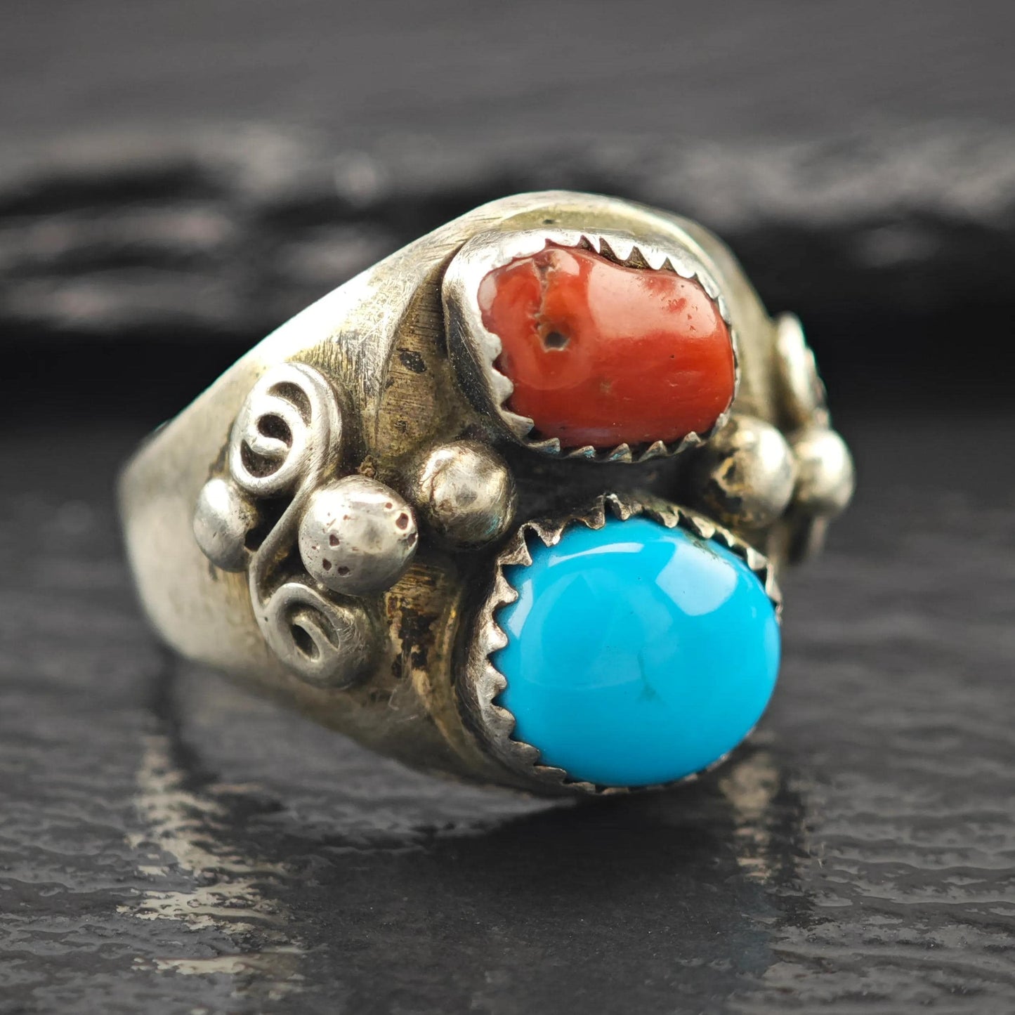 Native American Turquoise, Coral Ring Sterling Silver Size 8 1/2