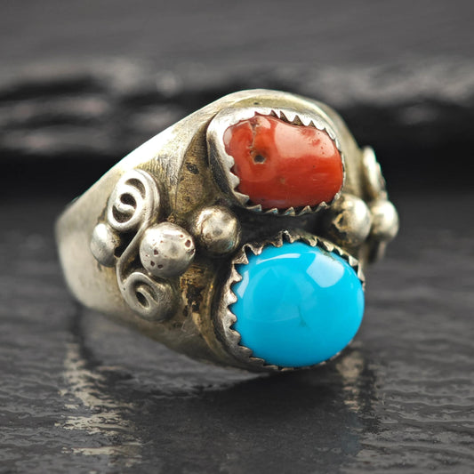 Native American Turquoise, Coral Ring Sterling Silver Size 8 1/2