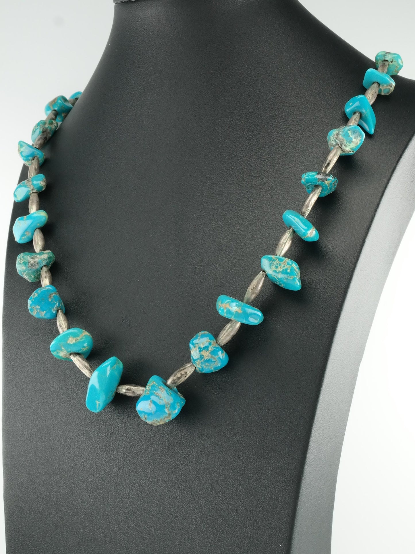 Native American Graduated Natural Turquoise Bead Necklace Sterling Silver