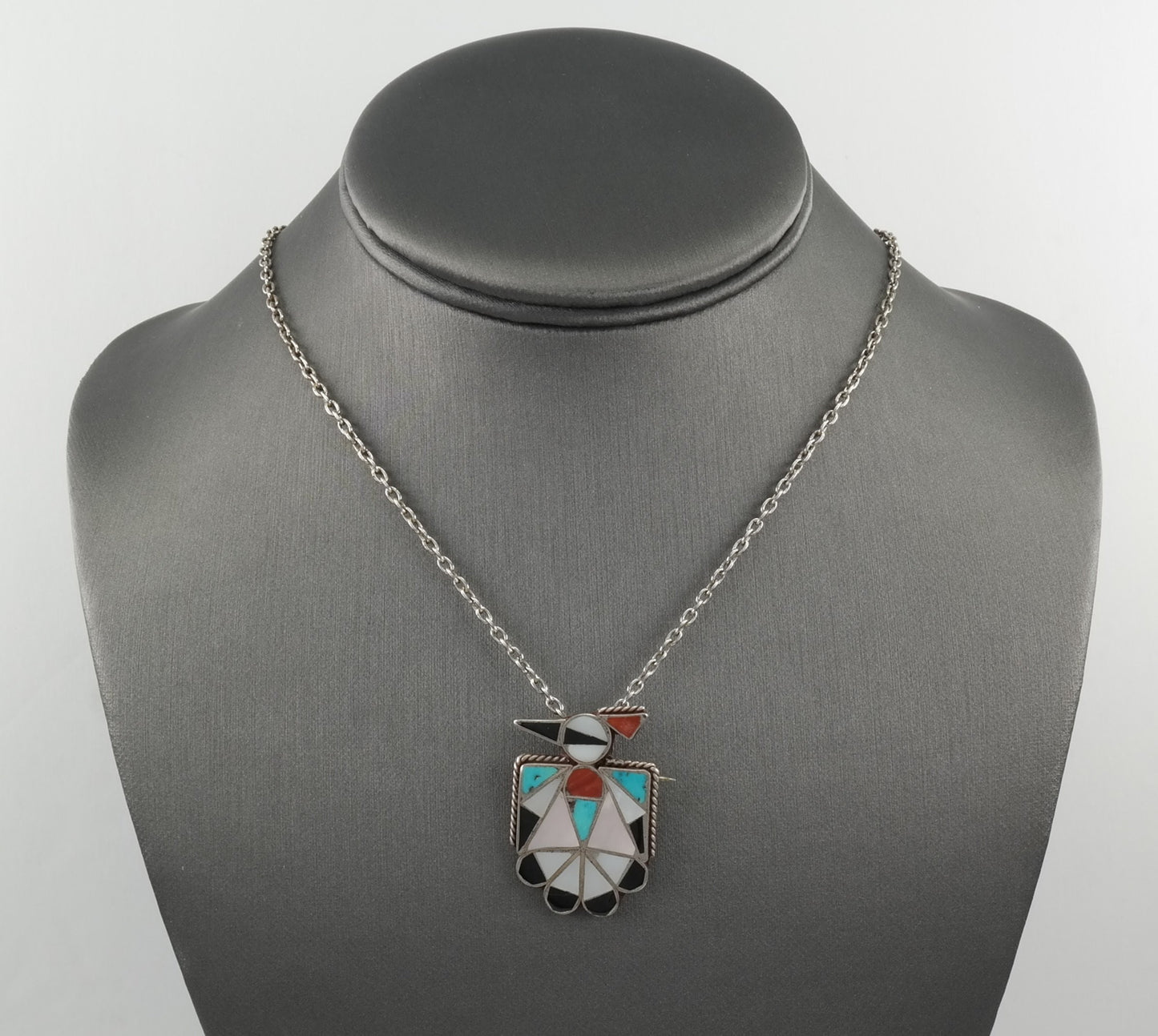 Native American Sterling Silver Turquoise Thunderbird Inlay Necklace