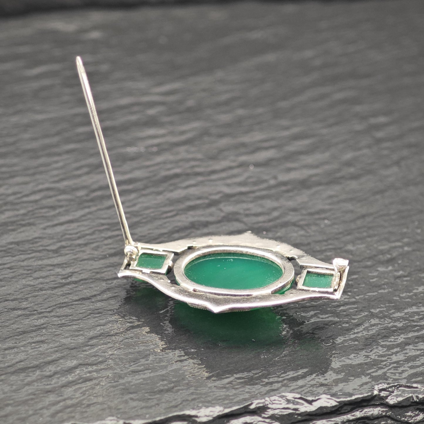 Art Deco Sterling Silver Brooch Oval Green Onyx, Marcasite B2141