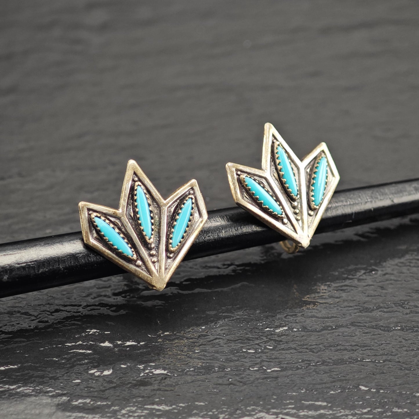 SW Needle Point Block Turquoise Screw Back Sterling Silver Earrings ER3187