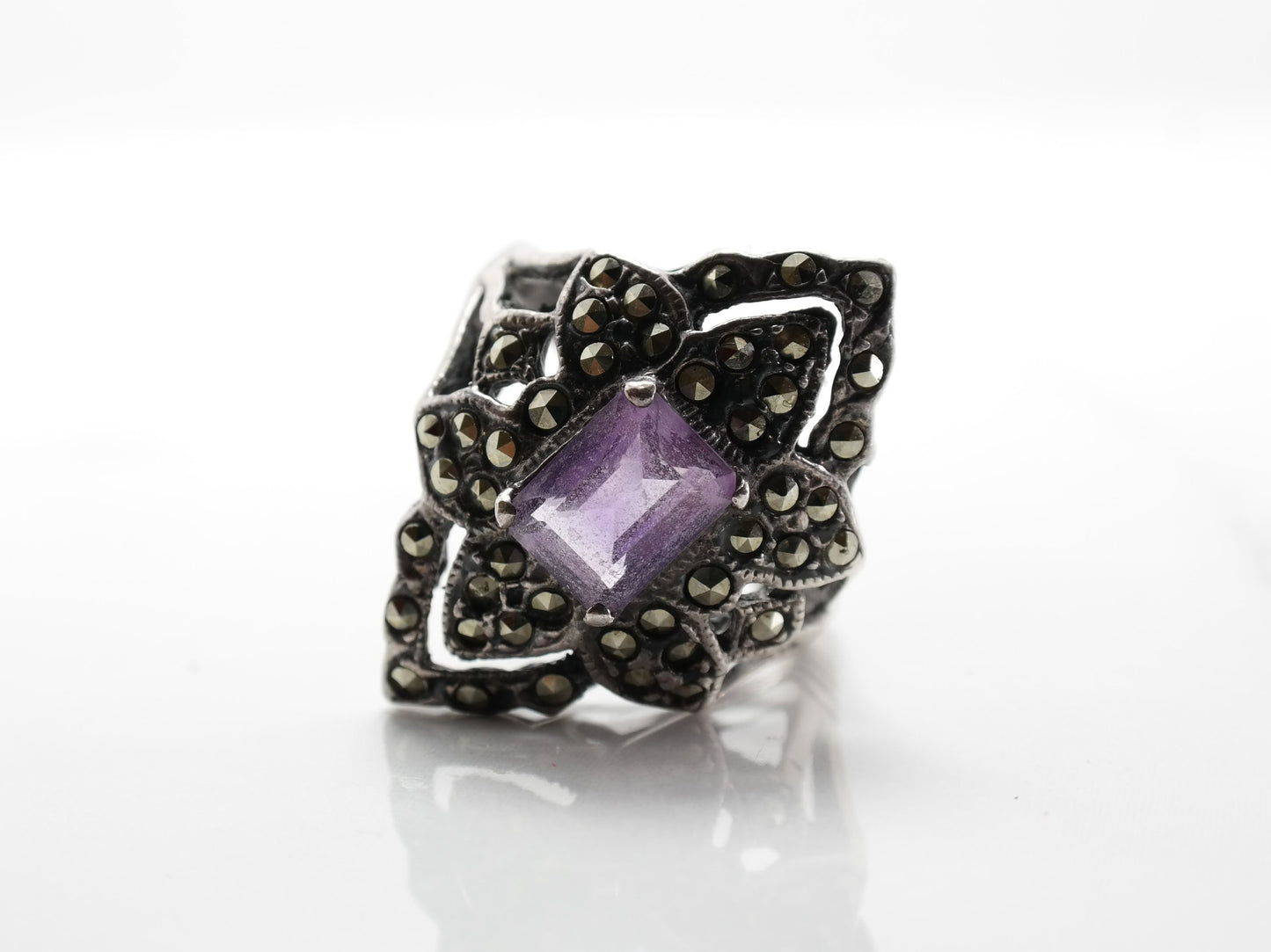 Sterling Silver Ring Amethyst Marcasite Size 10