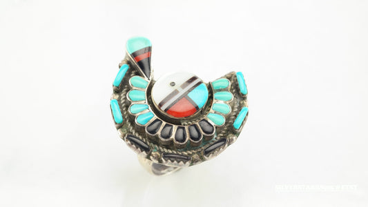 Vintage Zuni Sterling Silver Ring Size 8.25 Blue, White, Red, Black Turquoise Inlay