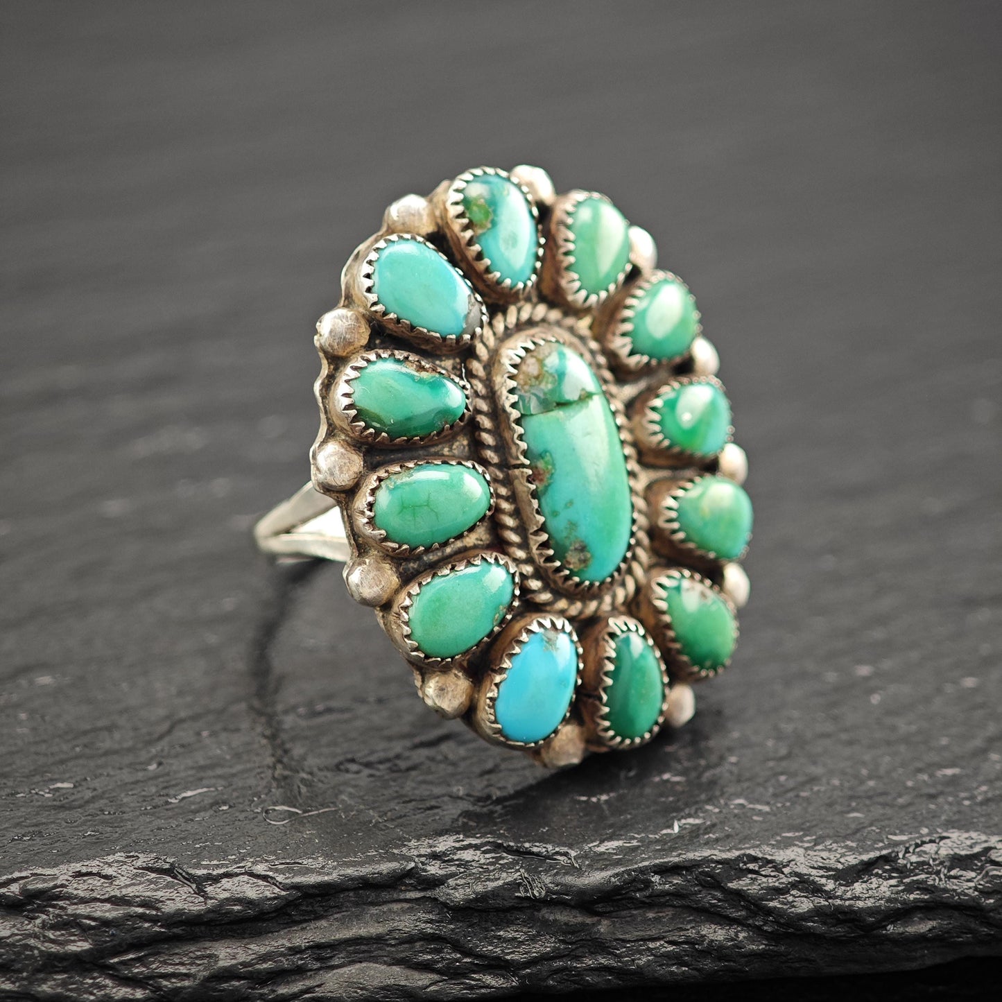 Green Turquoise Cluster Ring Native Sterling Silver R5795