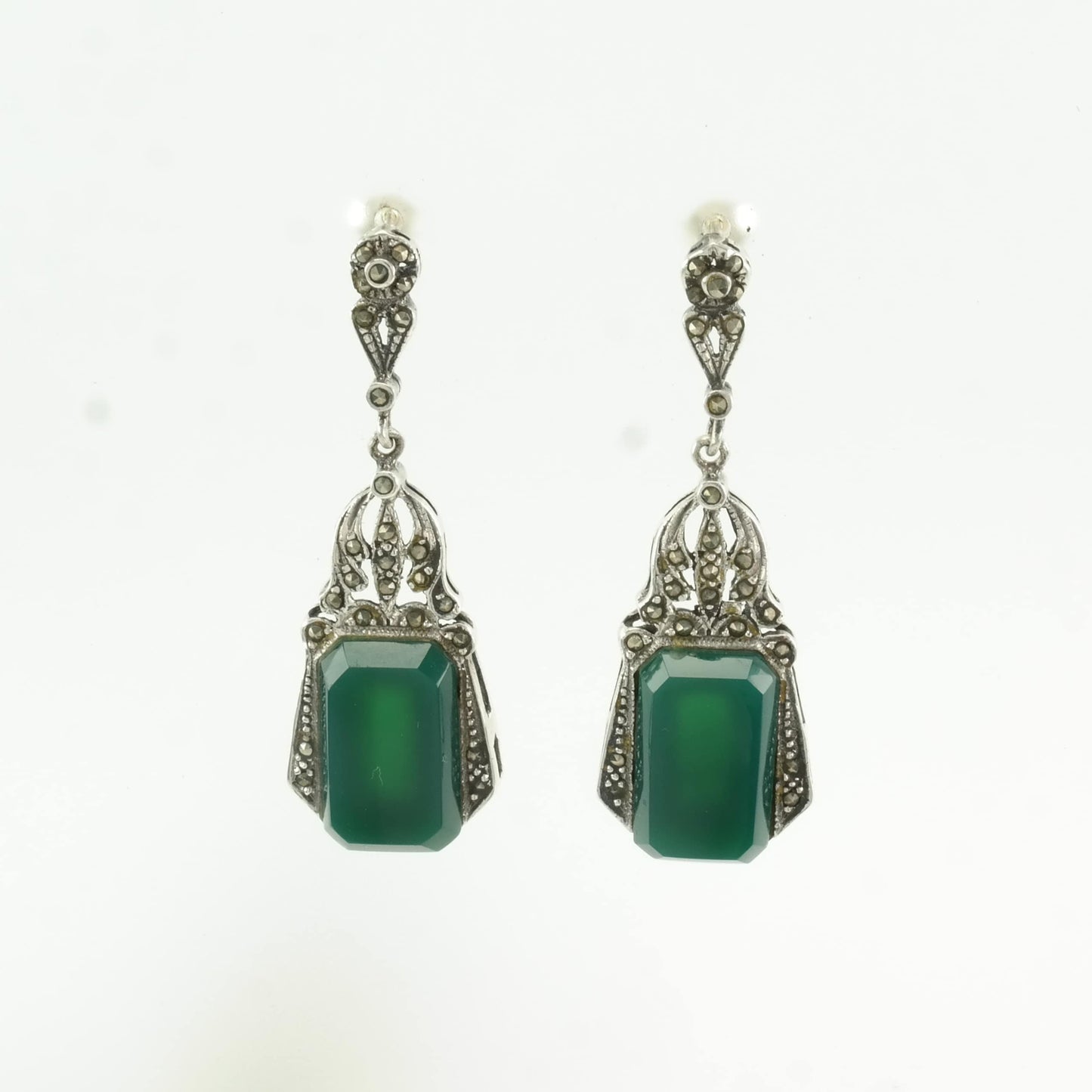 Art Deco Style Sterling Silver Green Chrysoprase Marcasite Earrings Stud/dangle