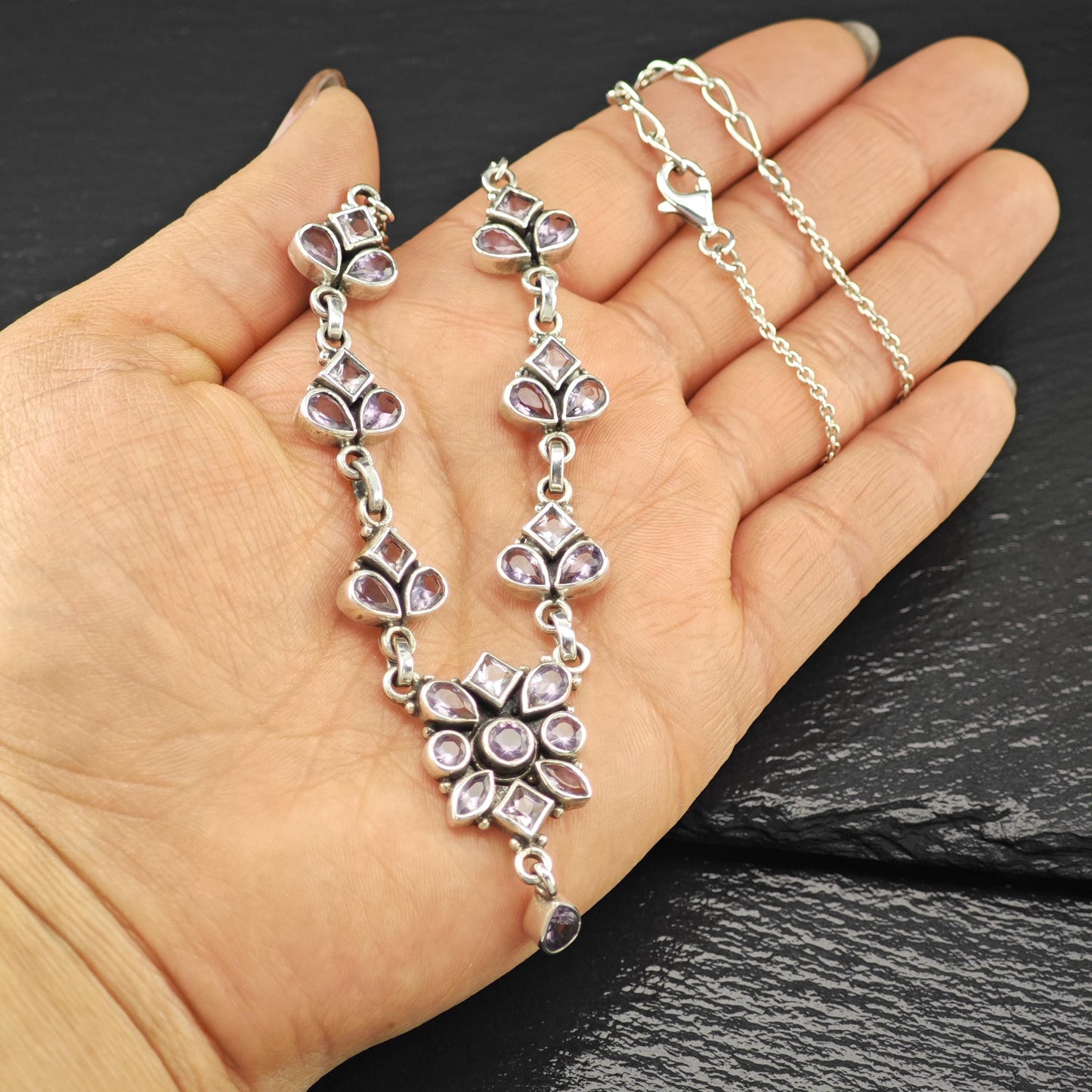 Sterling Silver Purple Amethyst Floral Necklace