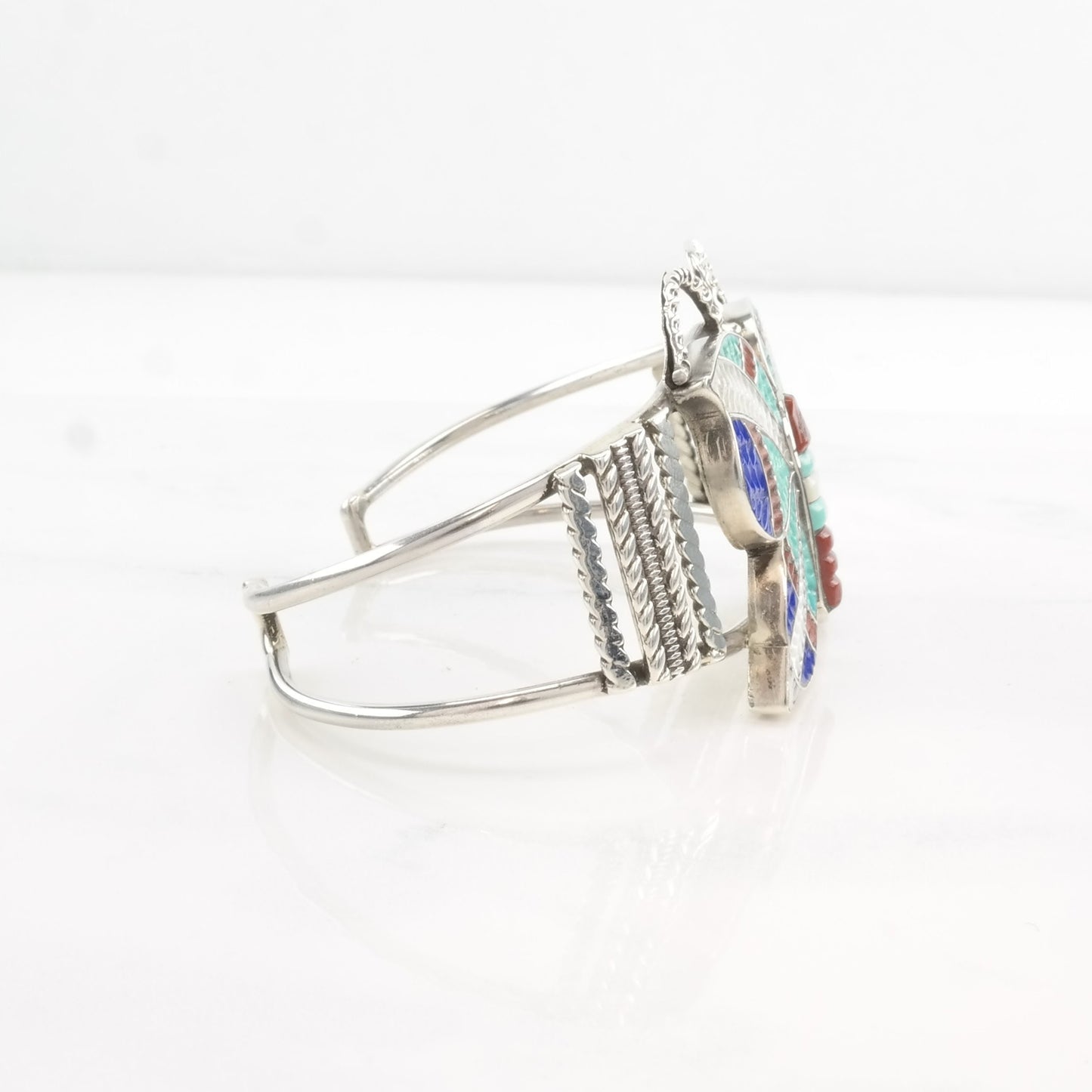 Vintage Zuni Inlay Butterfly Cuff Bracelet Native American Sterling Silver Carved Turquoise