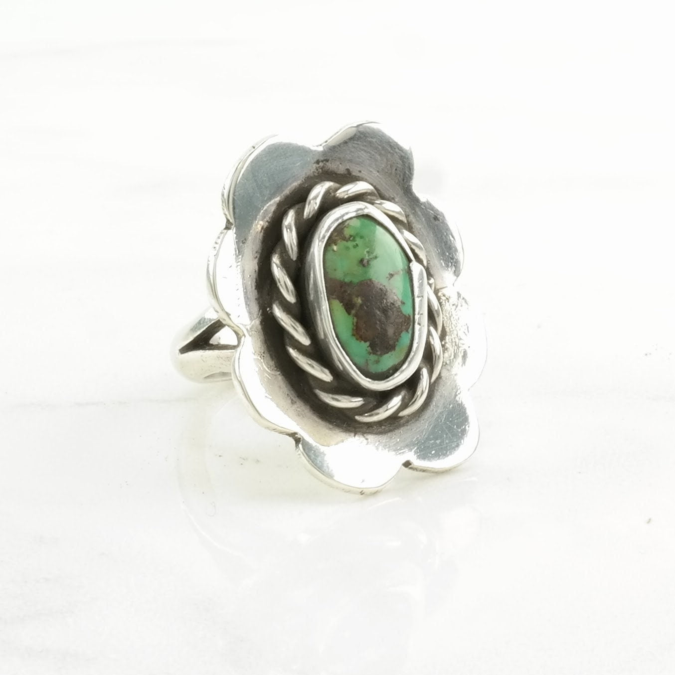 Sterling Silver Ring Turquoise Floral Green Size 6 1/4