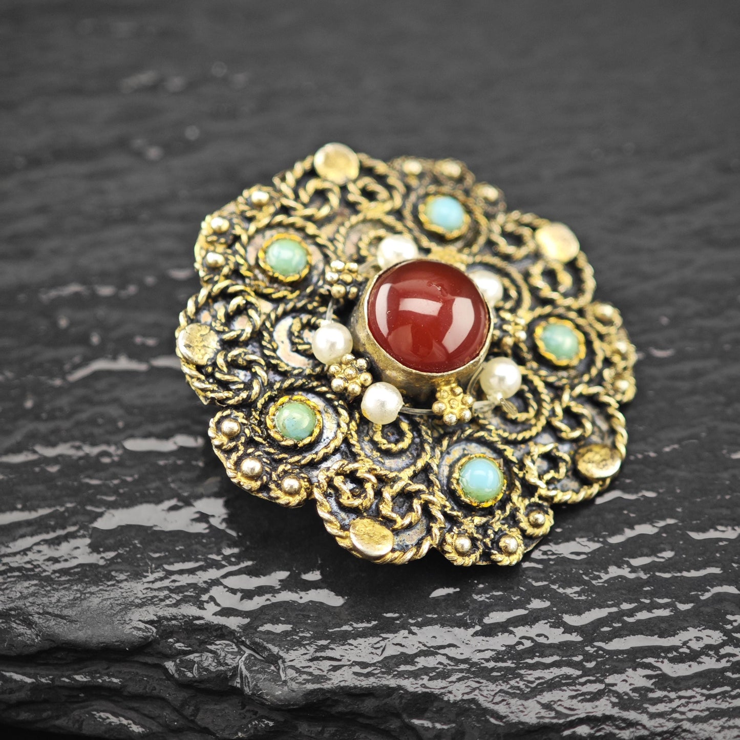 Filigree Pearl, Gemstone Gold Gilded Brooch/Pendant Sterling Silver