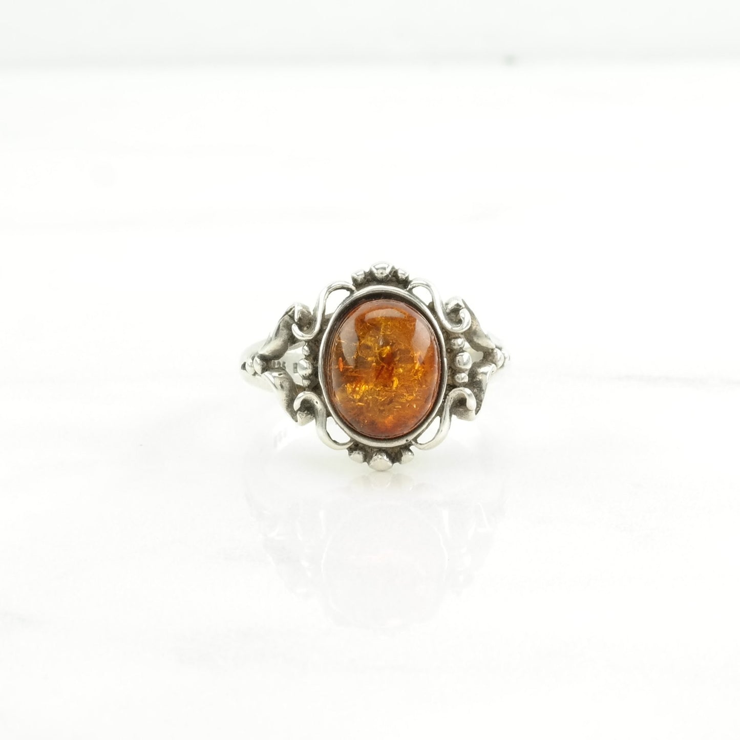 Sterling Silver Ring Amber Orange Size 6 3/4