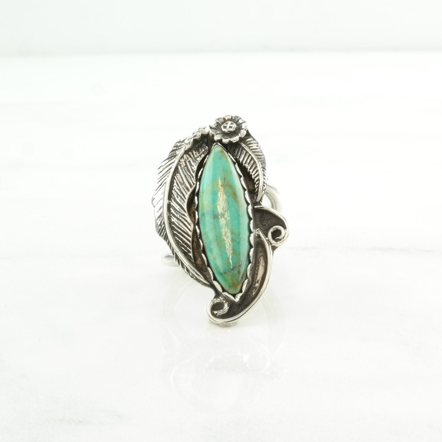 Vintage Native American Silver Ring Turquoise Leaf Sterling Blue Size 5 1/4