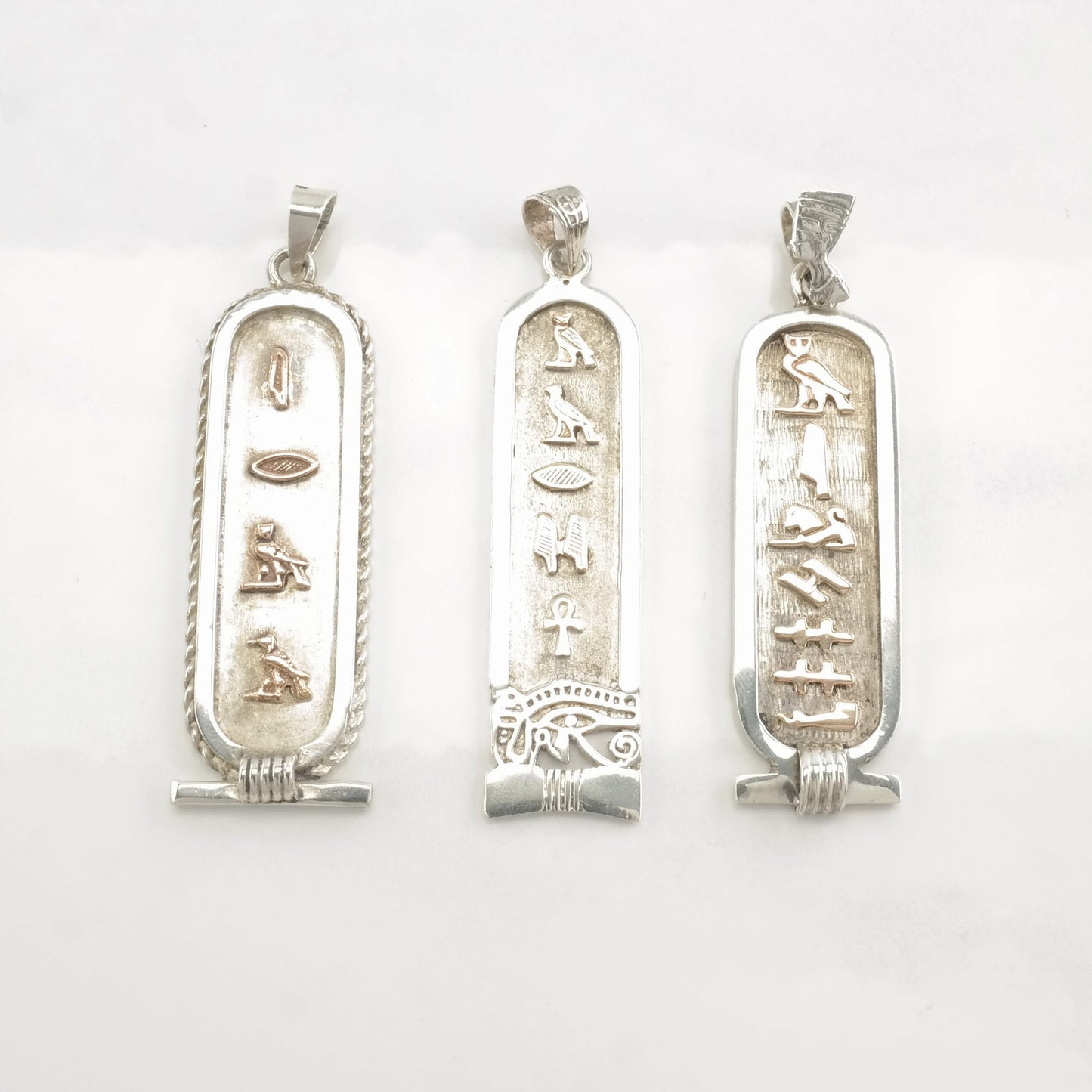 Vintage Egyptian Hieroglyph, Cartouche, Gold Accent Sterling Silver Pendant