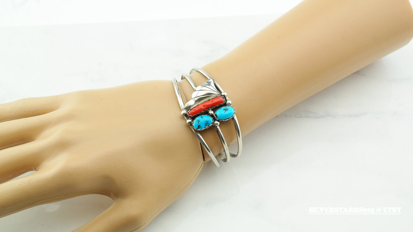 Classic Navajo Coral Turquoise Sterling Silver Cuff Bracelet Blue Red Native American