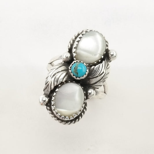 Vintage Native American Silver Ring MOP, Turquoise Leaf Sterling Size 6 1/2