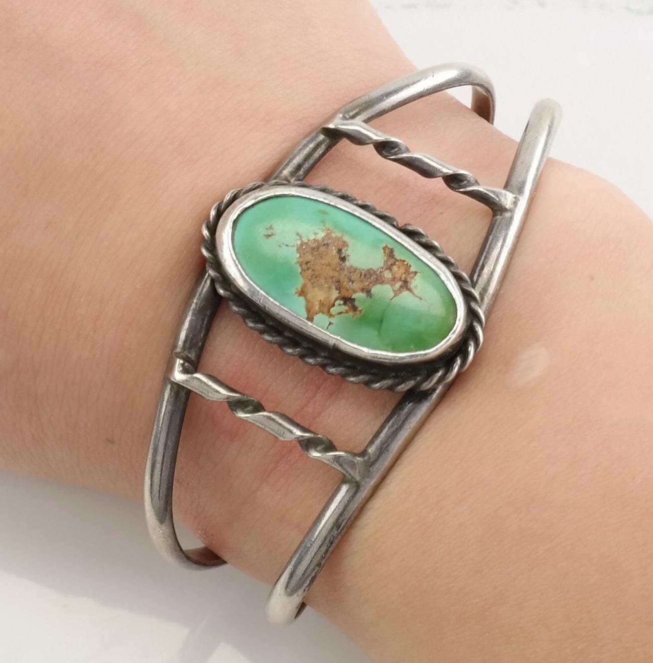 Vintage Sterling Silver Turquoise Dragon Bracelet | Dragon Inclusion | 1970s Boho Chic | 6" Wrist