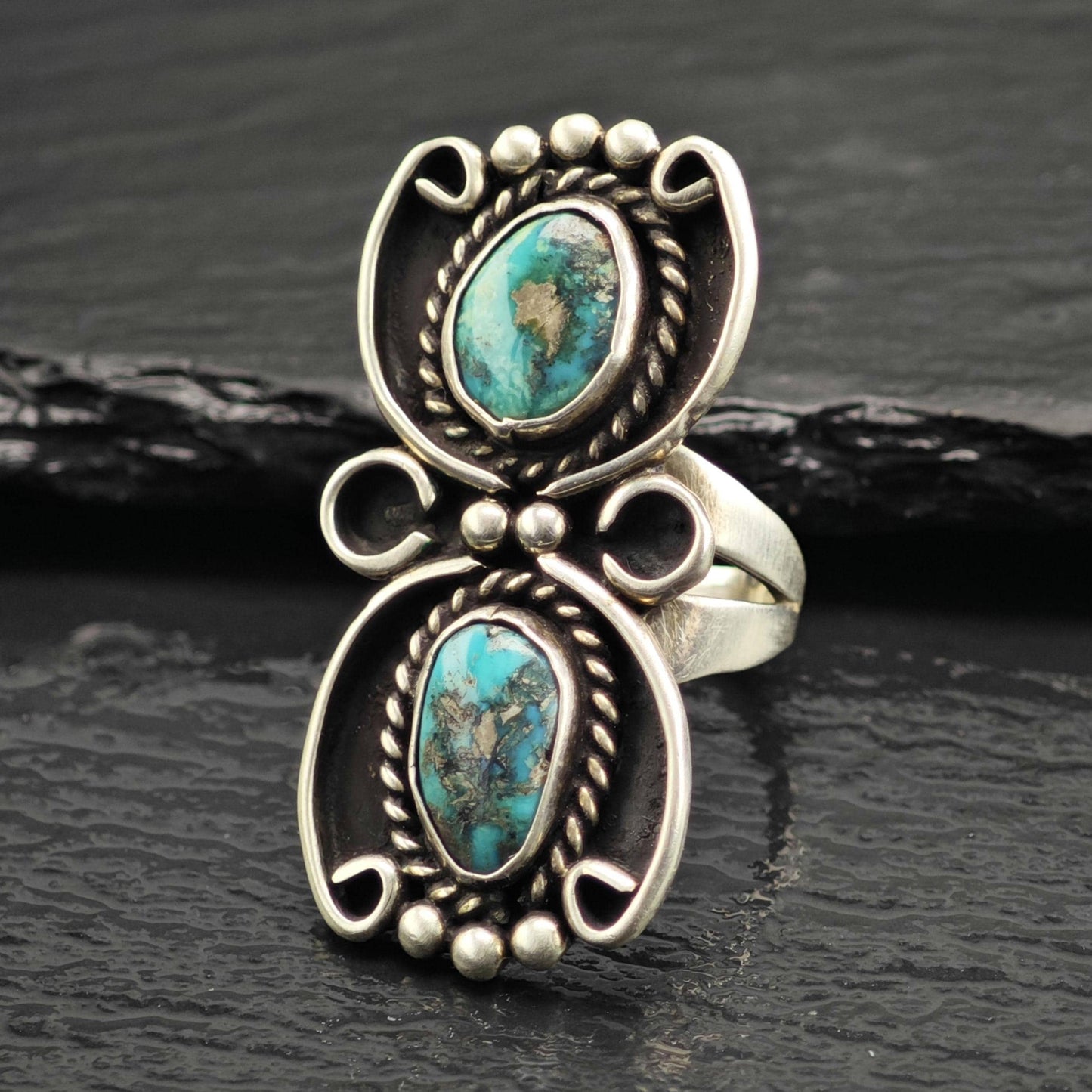 Vintage Native American Turquoise Duo Sterling Silver Ring Sz 6 1/2 R6623
