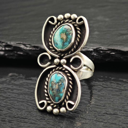 Vintage Native American Turquoise Duo Sterling Silver Ring Sz 6 1/2 R6623