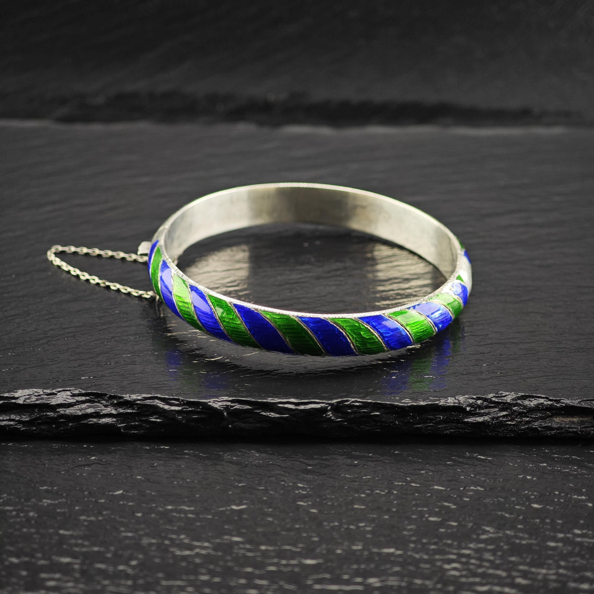 Blue, Green Striped Enamel Sterling Silver Bangle Bracelet Sz 7 1/4" BR3189