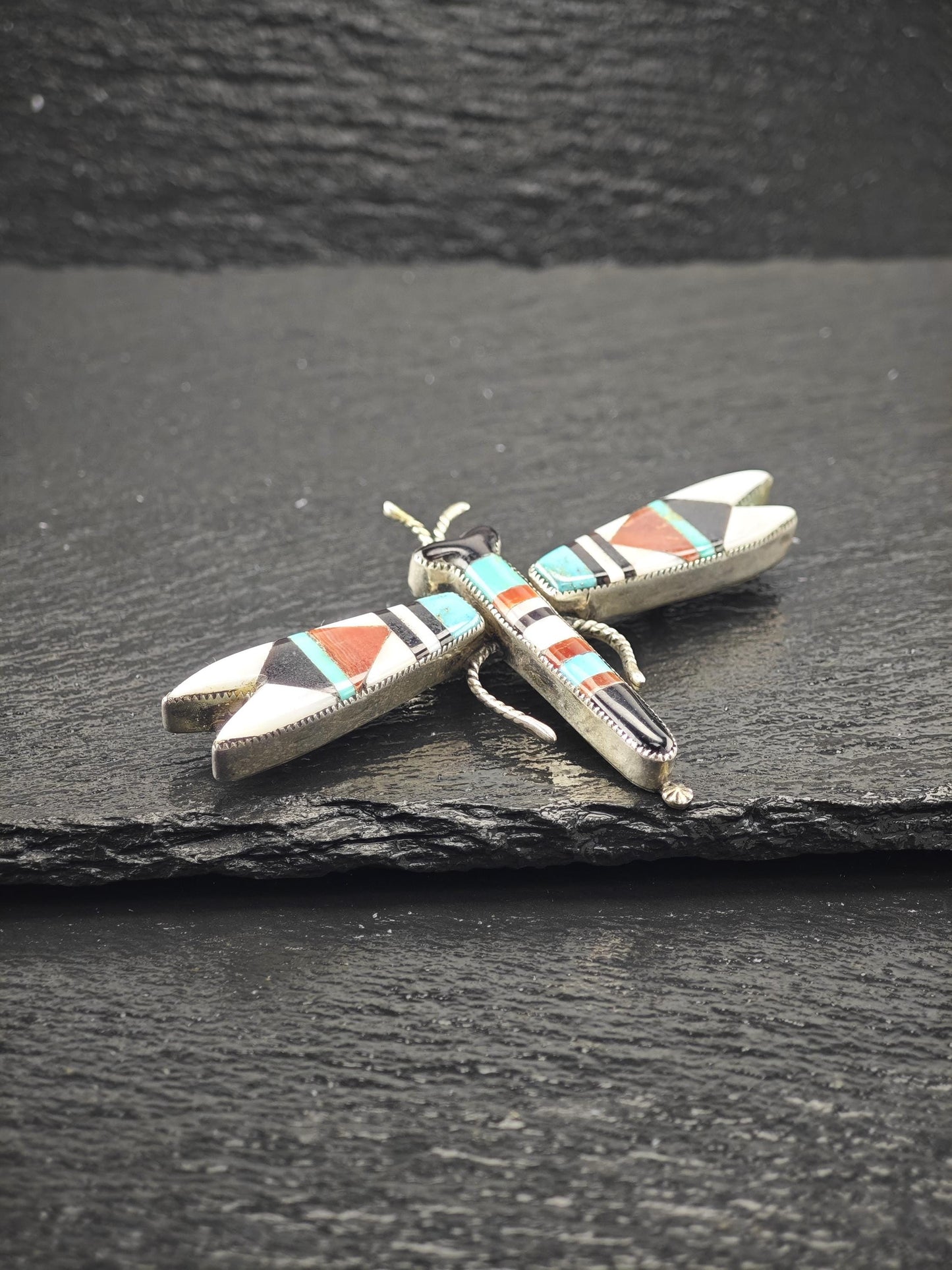Attr. Lambert Homer Sr, Native American, Zuni Inlay, Dragonfly Brooch/Pendant Sterling Silver