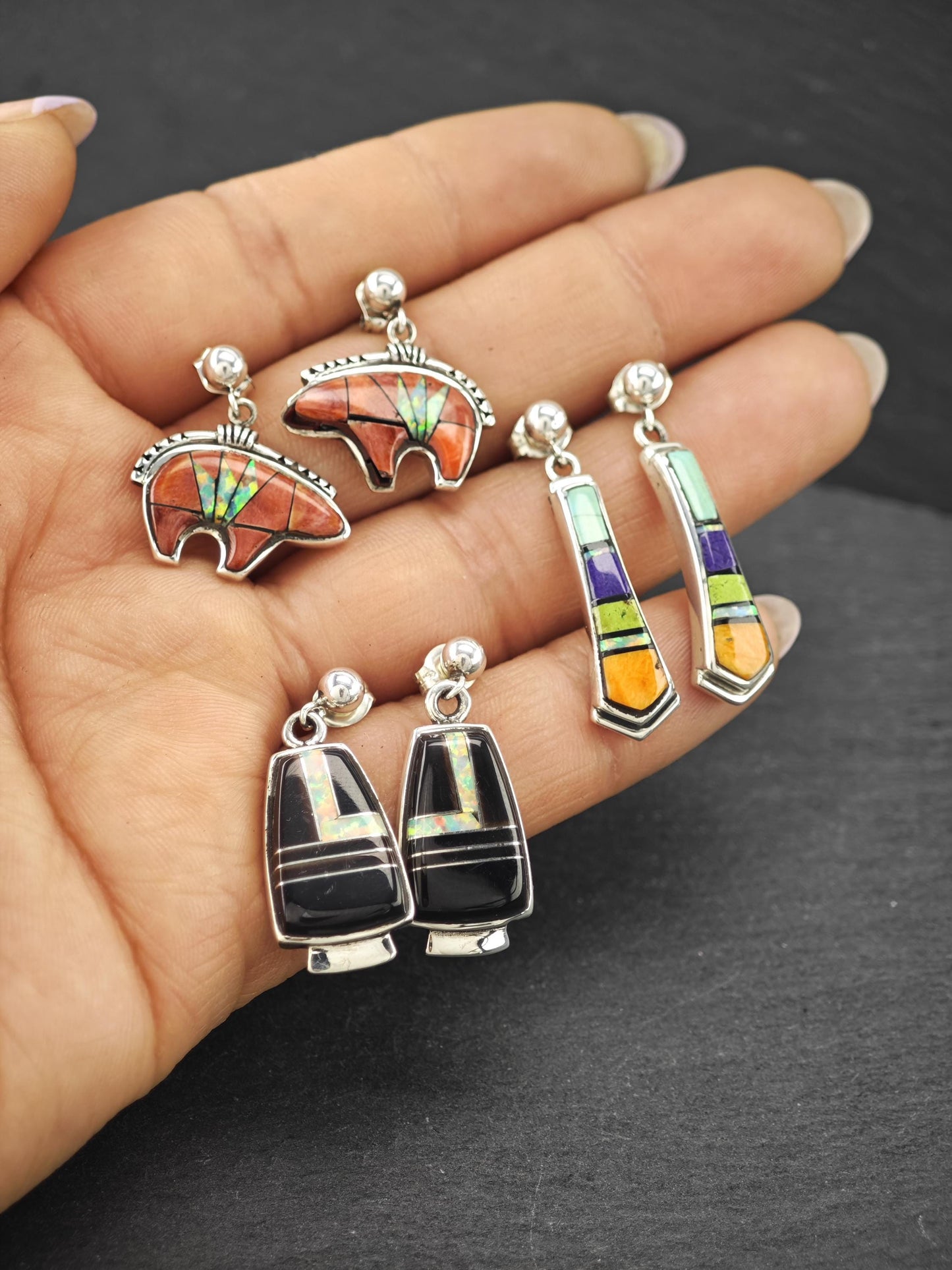Choice of Southwest Inlay, Lab Opal Pierced Dangle Earrings Sterling Silver