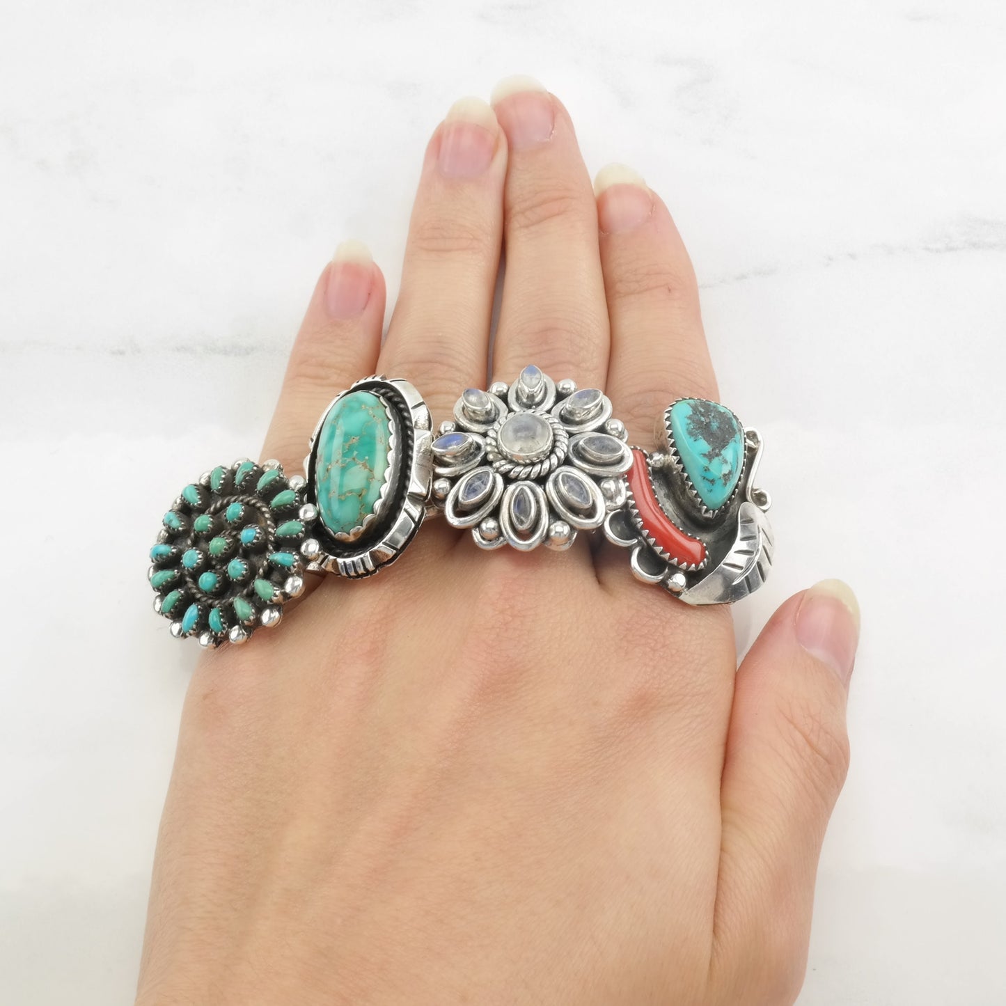 Vintage Native American Ring Turquoise Cluster Sterling Silver Size 6 1/2