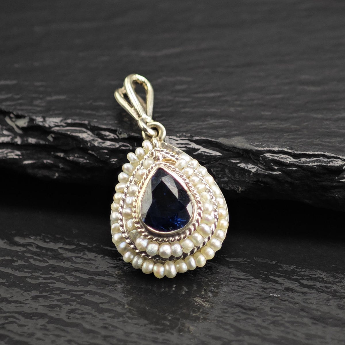 Victorian Natural Sapphire Seed Pearl, 14K White Gold Pendant P3107
