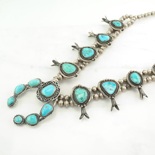 Vintage Native American Sterling Silver Blue Turquoise Squash Blossom Necklace