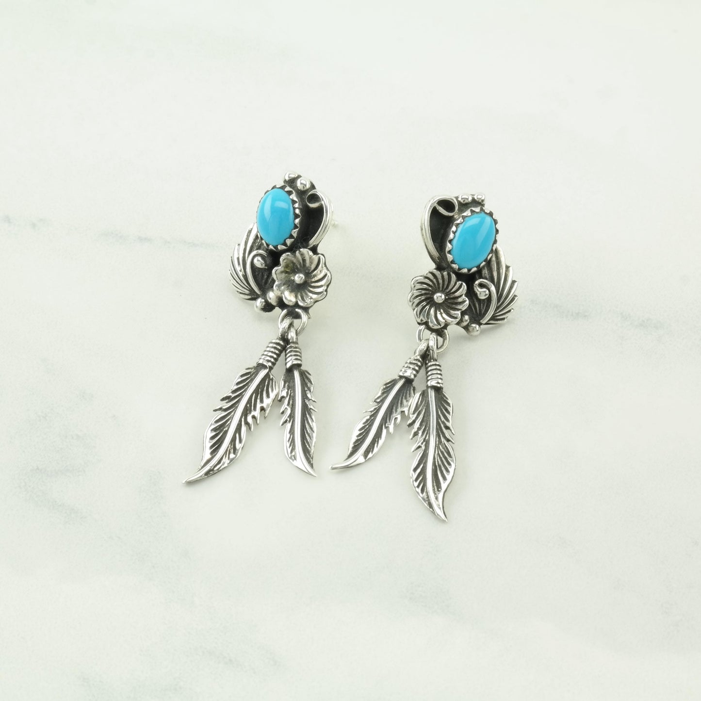 Choice of Vintage Southwest Turquoise, Blue Block Turquoise Feather, Sterling Silver Pierced Earrings