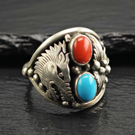 Vintage Native American Turquoise & Coral Wolf Leaf Detail Sterling Silver Ring Sz 11 1/2 R6631