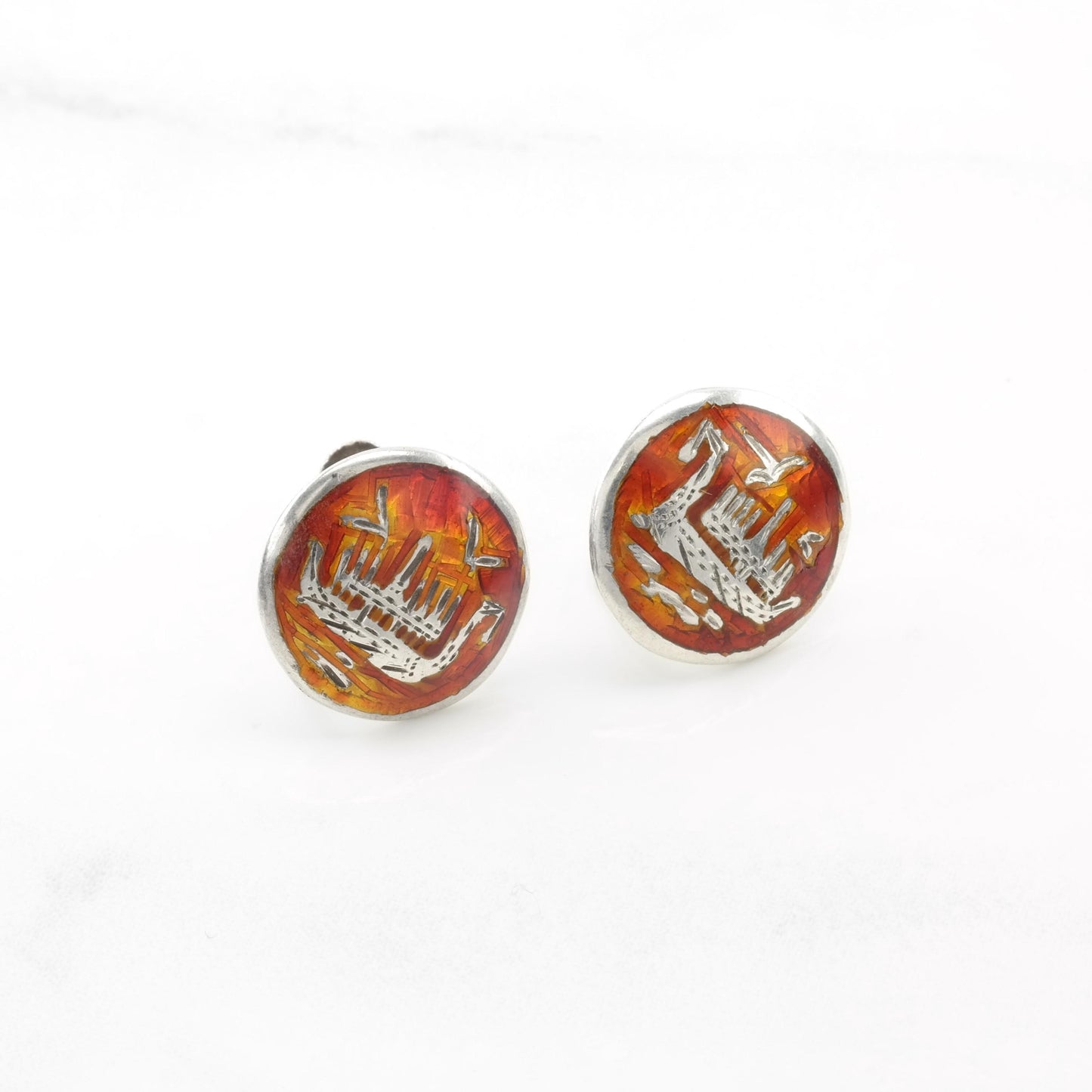 Vintage Sterling Silver Green Orange Niello Siam Screw Back Earrings Enamel