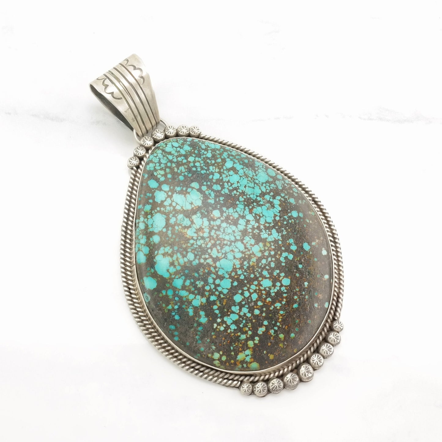 OOAK, Native American Huge Turquoise, Spiderweb Sterling Silver Necklace