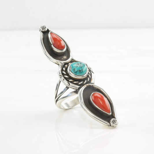 Native American Silver Ring Coral, Turquoise Shadowbox Sterling Red, Blue Size 6