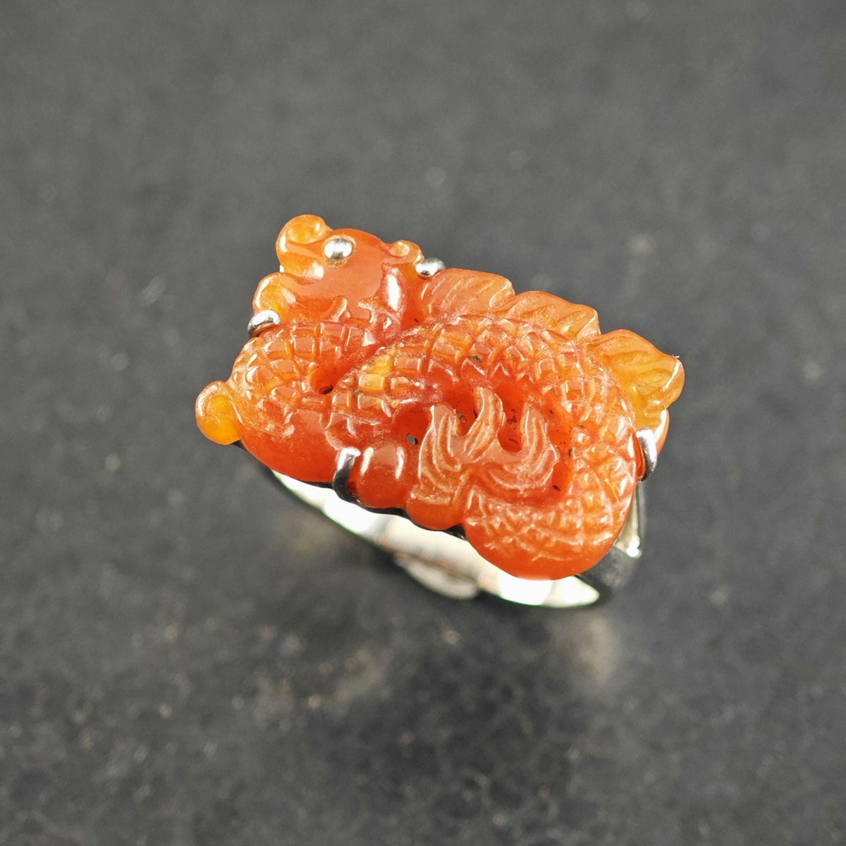 Carved Carnelian Chinese Dragon Sterling Silver Ring Sz 9 R6853